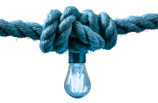  rope knot with a light bulb hanging, isolated on a transparent  
