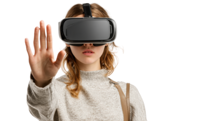 Woman wearing virtual reality headset, reaching out with hand, exploring immersive experiences, isolated on white.