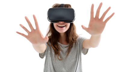 Young woman enjoying virtual reality experience, arms outstretched, smiling, isolated on white background.
