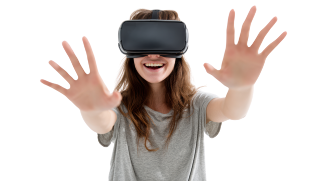 Young woman enjoying virtual reality experience, arms outstretched, smiling, isolated on white background.