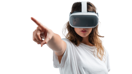 Young woman wearing VR headset, pointing while experiencing virtual reality, isolated on white background.