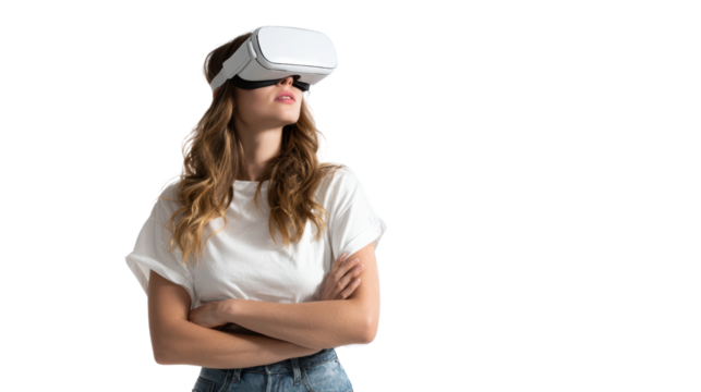Young woman wearing virtual reality headset, isolated on white background, exploring digital worlds.