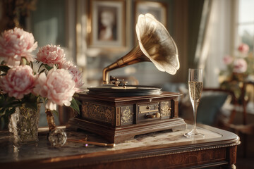 Luxurious Nostalgia: Old-Fashioned Phonograph in a Grand Room.