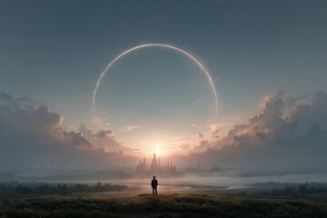 A man standing on top of a hill looking at a city at sunset