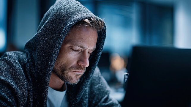 Man in a hoodie with closed eyes facing stress at home office. Male freelancer has a problem. - Powered by Adobe