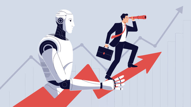 Conceptual illustration of AI-powered business growth with humanoid robot assisting businessman on upward arrow graph, symbolizing innovation