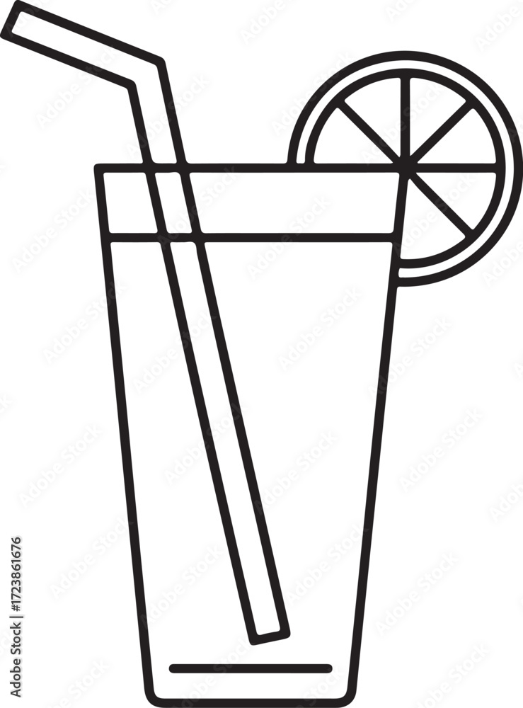 Poster simple line art illustration of a refreshing drink with a straw and lemon slice