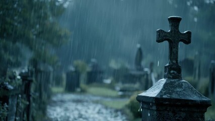 Rain gently falls over an old cemetery, creating a moody atmosphere. Gravestones emerge from the mist as shadows deepen during the evening. Nature and history intertwine in this solemn setting - Powered by Adobe