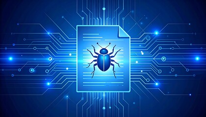 Digital document with a bug, circuit board background