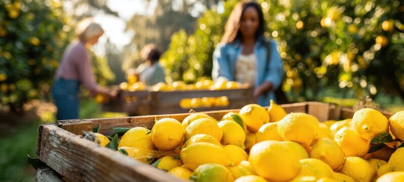 The Lemons in a Wooden Crate During Sunlit Citrus Orchard Harvest with Workers