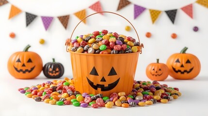 Full halloween candy bucket overflowing with colorful sweets and pumpkins