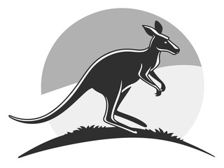 Silhouetted kangaroo logo design, leaping over stylized landscape. This stylized vector graphic features a kangaroo leaping across a stylized landscape, encircled by stars.