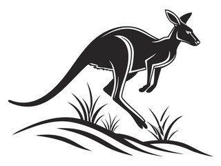 Silhouetted kangaroo logo design, leaping over stylized landscape. This stylized vector graphic features a kangaroo leaping across a stylized landscape, encircled by stars.