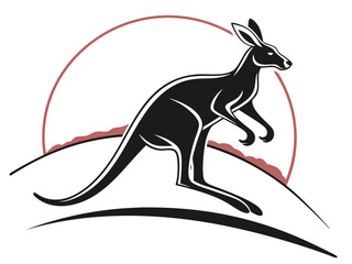 Silhouetted kangaroo logo design, leaping over stylized landscape. This stylized vector graphic features a kangaroo leaping across a stylized landscape, encircled by stars.