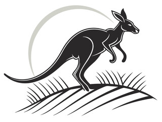 Silhouetted kangaroo logo design, leaping over stylized landscape. This stylized vector graphic features a kangaroo leaping across a stylized landscape, encircled by stars.