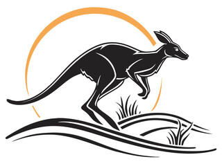 Silhouetted kangaroo logo design, leaping over stylized landscape. This stylized vector graphic features a kangaroo leaping across a stylized landscape, encircled by stars.
