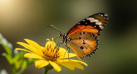 Fototapeta premium Monarch butterfly resting on a bright yellow flower with greenery background. Concept for summer designs, nature photography and wildlife conservation visuals