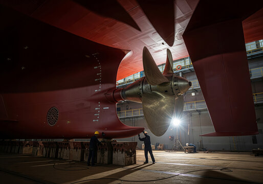A team of shipyard workers in a dry dock inspects the massive propeller and stern of a large vessel during maintenance or construction. The immense scale of the ship's hull.