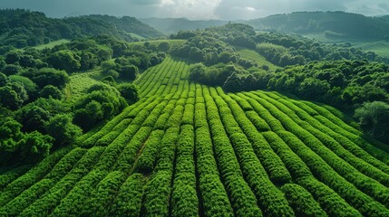 Lush green tea fields valley in asia aerial view nature landscape serene environment