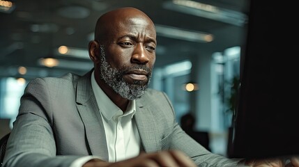 African American man working on computer in office. Businessman multitasking a creative project from home office. Professional manager.