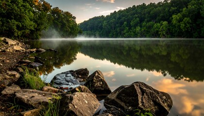 Misty sunrise over a calm river