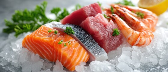 Fresh seafood assortment on ice with lemon