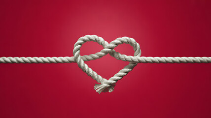 Heart Shape Knot Tied in a Rope on Red Background love