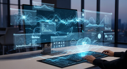 Professional analyzing complex AI data visualizations on futuristic holographic interfaces in modern office setting