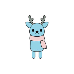Cute cartoon blue reindeer with antlers and pink scarf isolated on white background