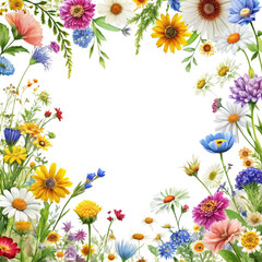 A vibrant collection of wildflowers forming a circular frame on black background