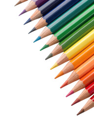 Colorful pencils arranged in vibrant gradient, showcasing variety of hues from purple to red, perfect for artistic creativity