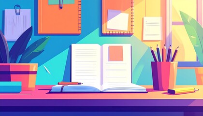 Colorful workspace with open book and supplies