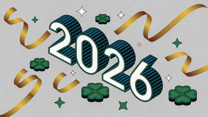 A stylized typographic design featuring the number 2026 in a 3D isometric style with blue and green striped patterns