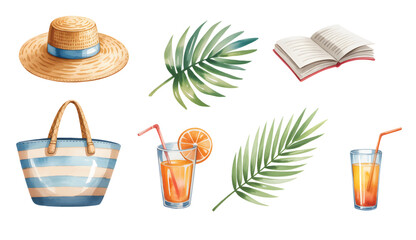 Watercolor summer beach essentials set. Relaxing tropical vacation set with hat, bag, book, and orange juice.