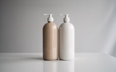 Two Pump Bottles One Tan One White on a White Surface dispenser lotion