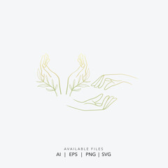 Minimalist line art hands with leaves logo design, Elegant botanical illustration for natural beauty brand, Modern vector icon for holistic wellness business
