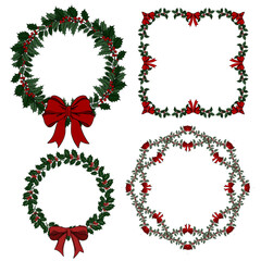 Set of festive Christmas wreaths and holiday decorations. Greeting cards, invitations, posters, planners, clipart.. Cozy and cheerful winter illustrations full of seasonal charm and holiday spirit