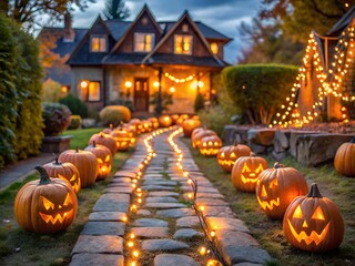 Obraz premium Halloween night with illuminated pumpkins lining a path to a house decorated with lights at dusk
