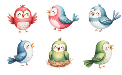 Cute colorful cartoon birds with heart patterns. Playful watercolor bird set for children illustration.