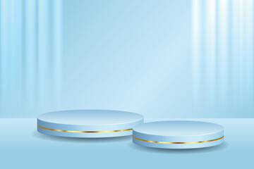 Futuristic 3D Two Blue Podium with golden strip and abstract background, Perfect for Technology Concept, Product Display, Mockup, Showroom Showcase, and Modern Design Scene