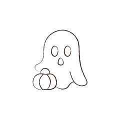 Obraz premium line vector illustration of a ghost holding a pumpkin. hand drawn spooky ghost with pumpkin. halloween ghost.