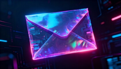 Futuristic holographic cybersecurity envelope with glowing neon aura on dark cyber background, digital data protection concept, secure email technology, virtual encryption and online communication