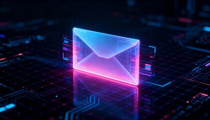 Futuristic holographic cybersecurity envelope with glowing neon aura on dark cyber background, digital data protection concept, secure email technology, virtual encryption and online communication