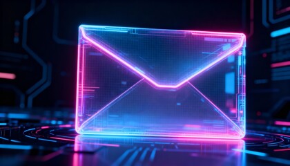 Futuristic holographic cybersecurity envelope with glowing neon aura on dark cyber background, digital data protection concept, secure email technology, virtual encryption and online communication