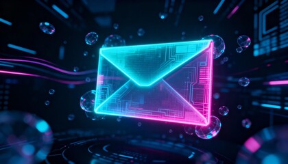Futuristic holographic cybersecurity envelope with glowing neon aura on dark cyber background, digital data protection concept, secure email technology, virtual encryption and online communication