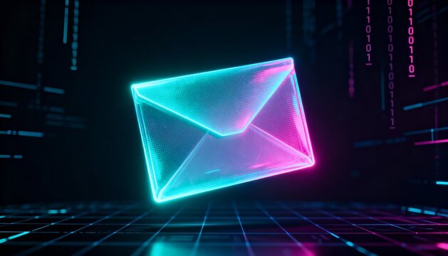 Futuristic holographic cybersecurity envelope with glowing neon aura on dark cyber background, digital data protection concept, secure email technology, virtual encryption and online communication