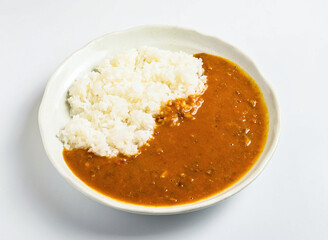 Curry Rice on a Minimalist White Plate side view of japanese food