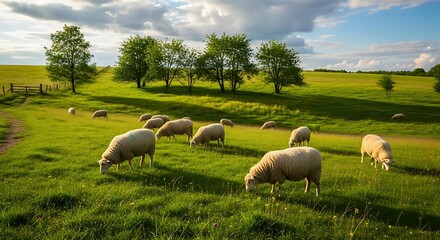 Obraz premium Sheep Grazing in a Lush Green Meadow on a Sunny Day.