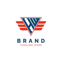 Patriotic HW Logo Initials. Letter HW Winged Logo. Red and Blue Triangle HW with Wing for Aviation, Delivery Services, Sports, Military and Security Agencies