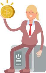 Businesswoman in Suit Character Sitting on Safe and Holding Dollar Coin
